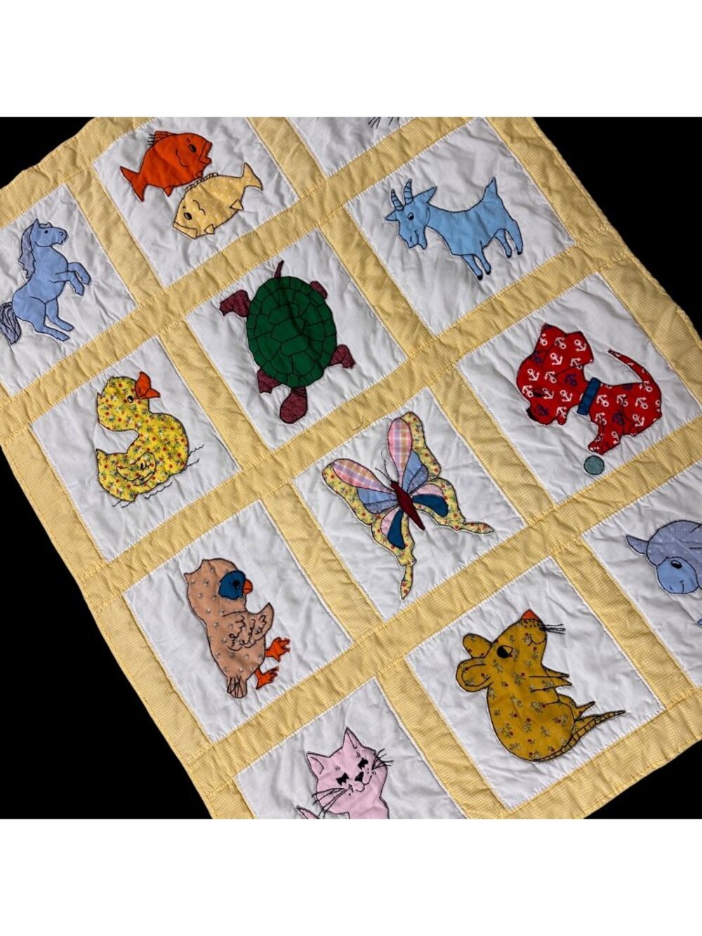 Vintage Baby Quilt Animal Appliques Yellow White Gingham 1992 Handmade Blanket